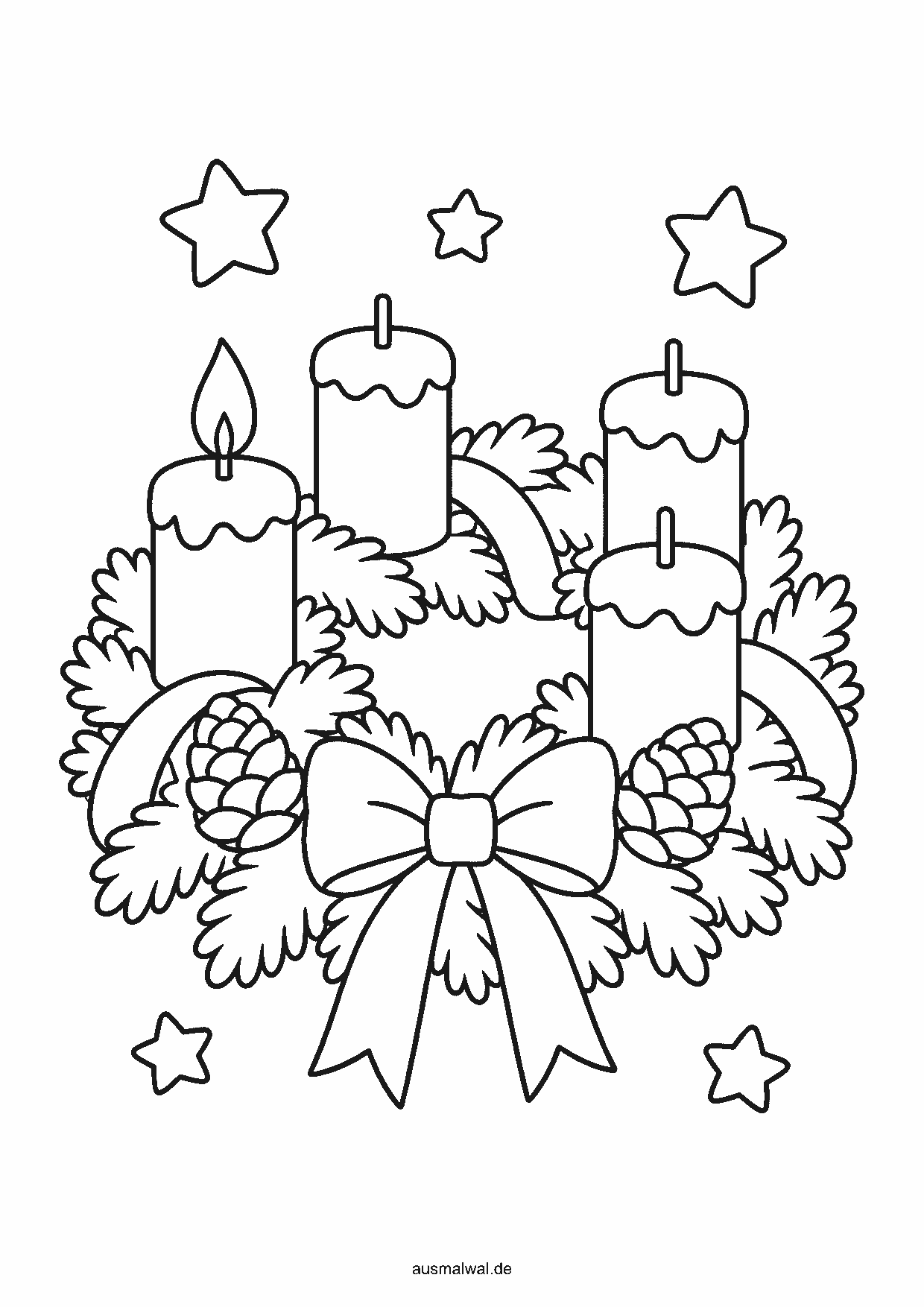 Ausmalbild: Adventskranz aus Tannenzweigen mit vier Kerzen, Schleifen und Sternen