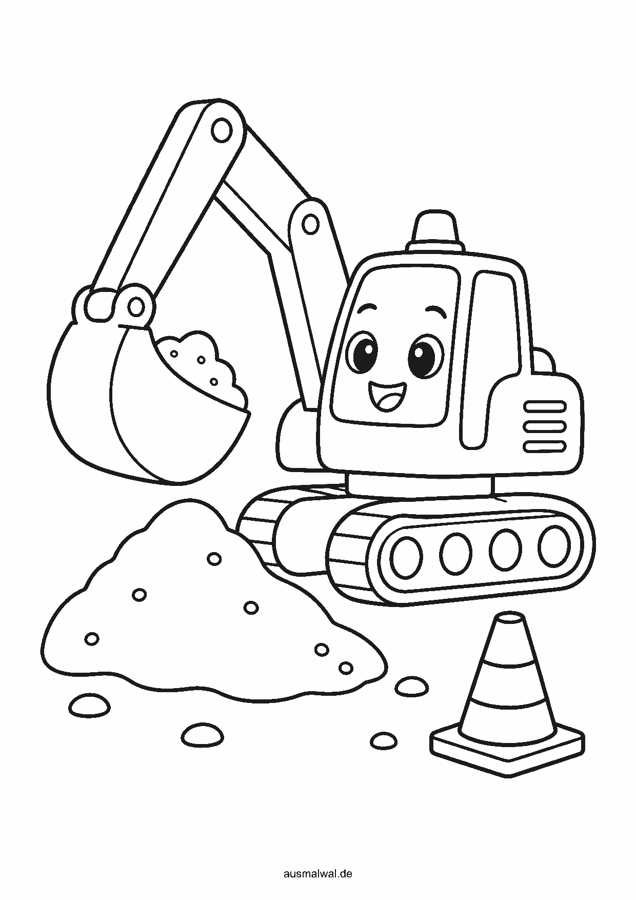 Ausmalbild: Bagger gräbt auf einer Baustelle, daneben ein Sandhaufen und ein Warnkegel