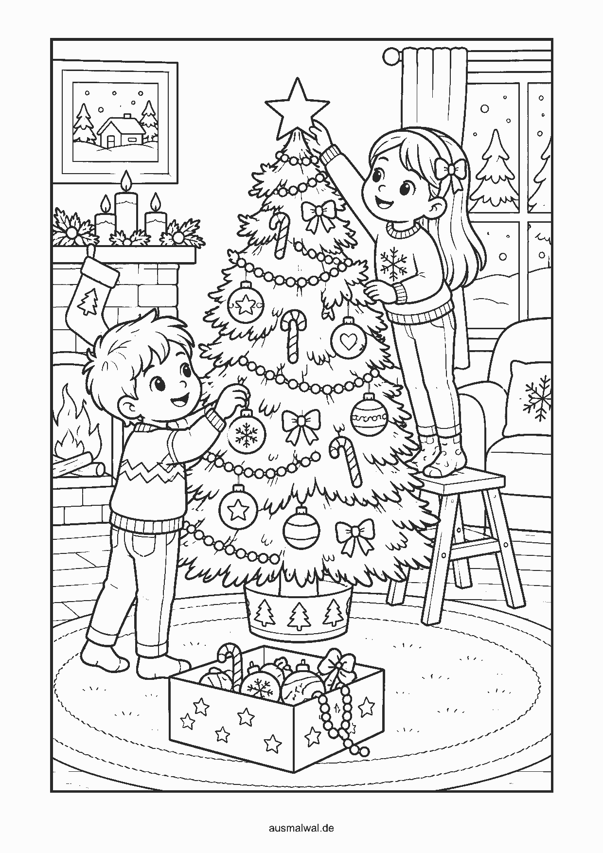 Ausmalbild: zwei Kinder schmücken einen Weihnachtsbaum mit Kugeln und einem Stern