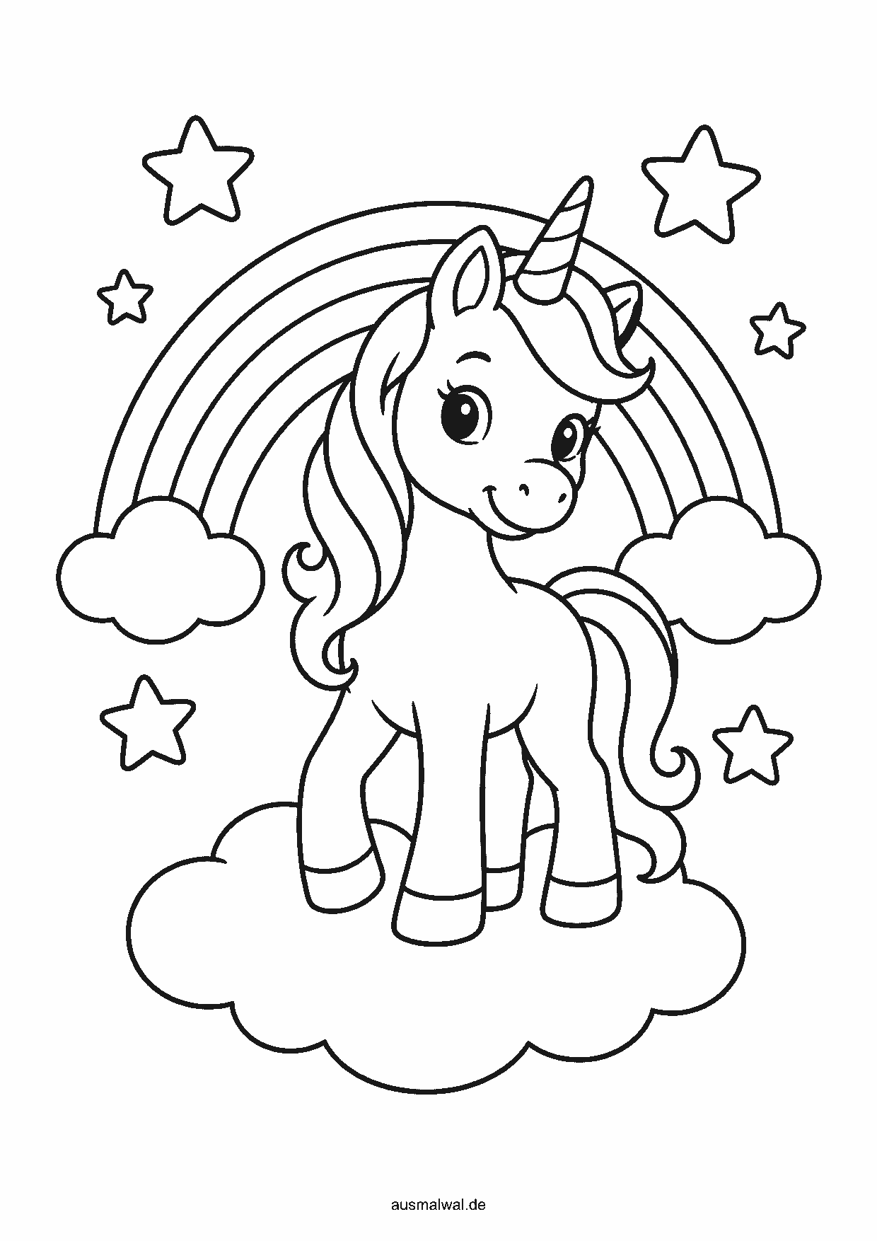 Ausmalbild: fröhliches Einhorn steht auf einer Wolke vor einem Regenbogen, ringsum Sterne