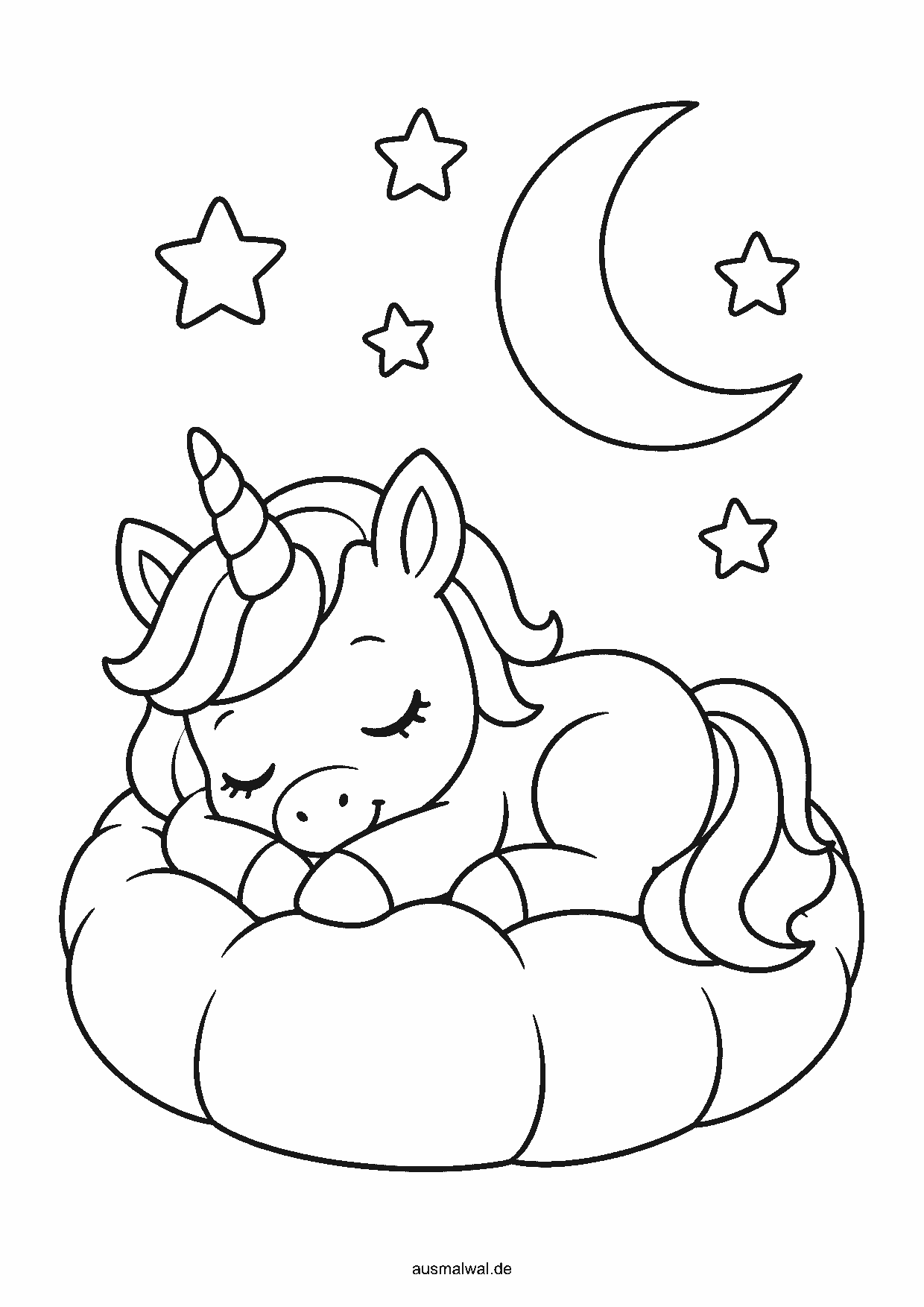 Ausmalbild: Einhorn-Baby schläft zusammengerollt auf einem Kissen, darüber Mond und Sterne