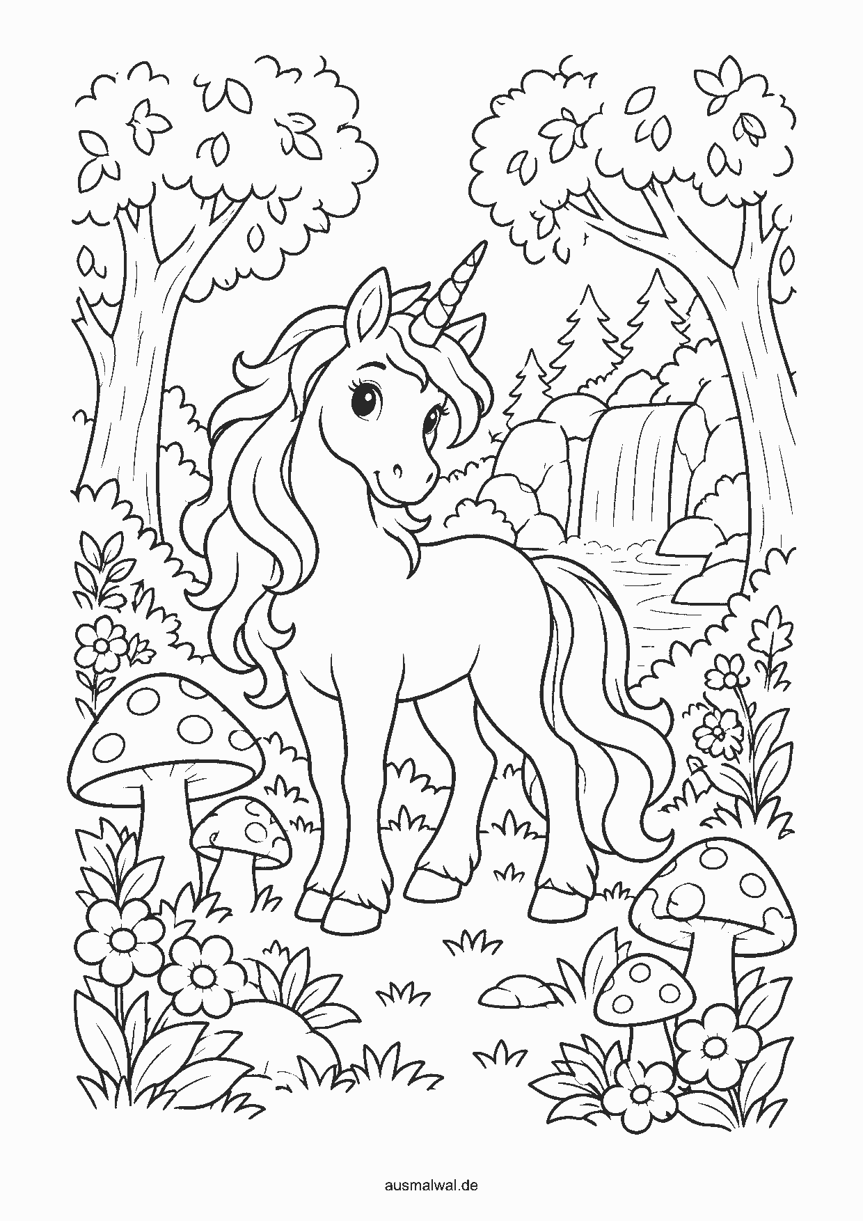 Ausmalbild: Einhorn im Zauberwald mit Pilzen, Blumen und einem kleinen Wasserfall