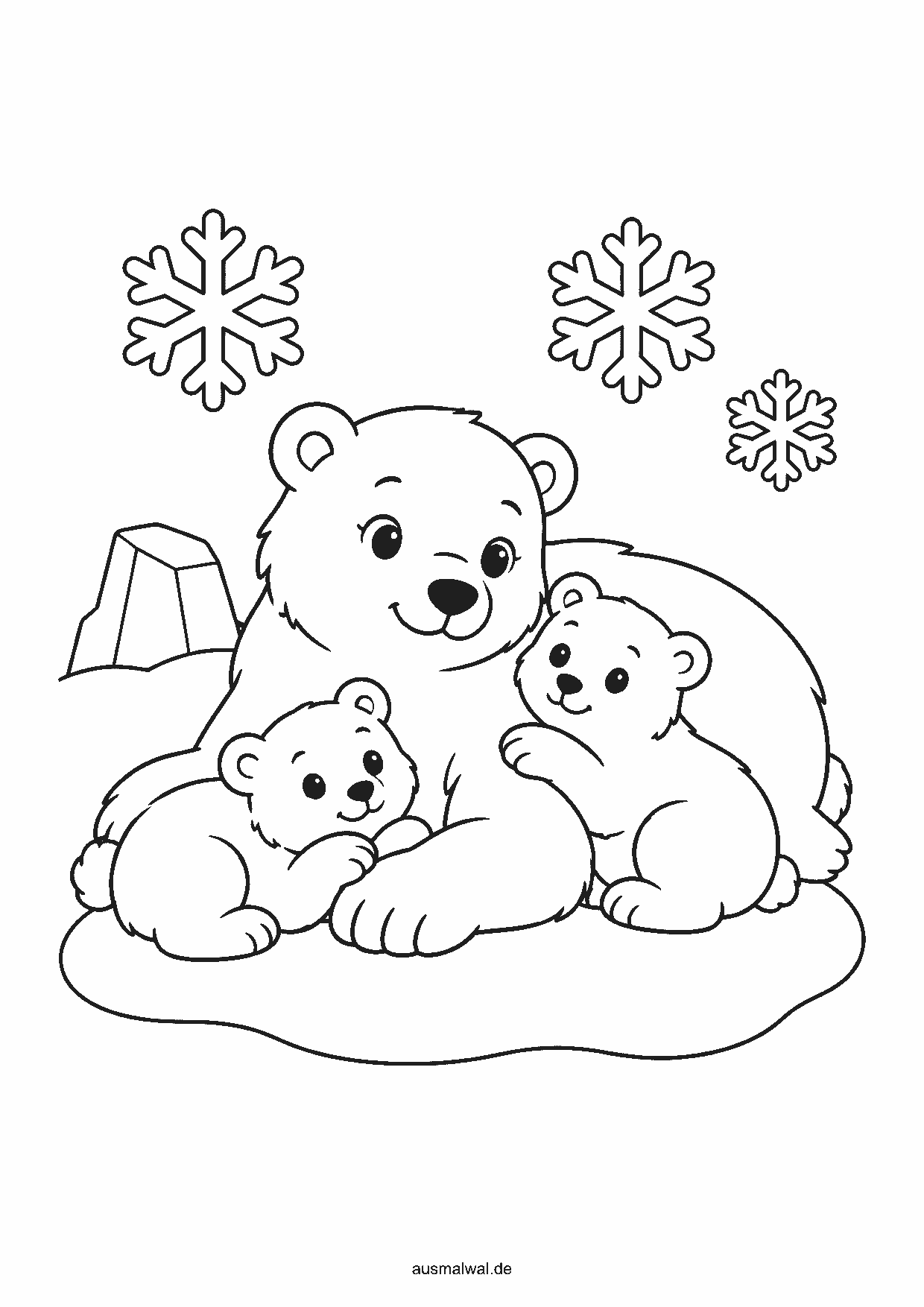 Ausmalbild: Eisbär-Mutter liegt im Schnee, zwei Eisbär-Babys kuscheln sich an sie