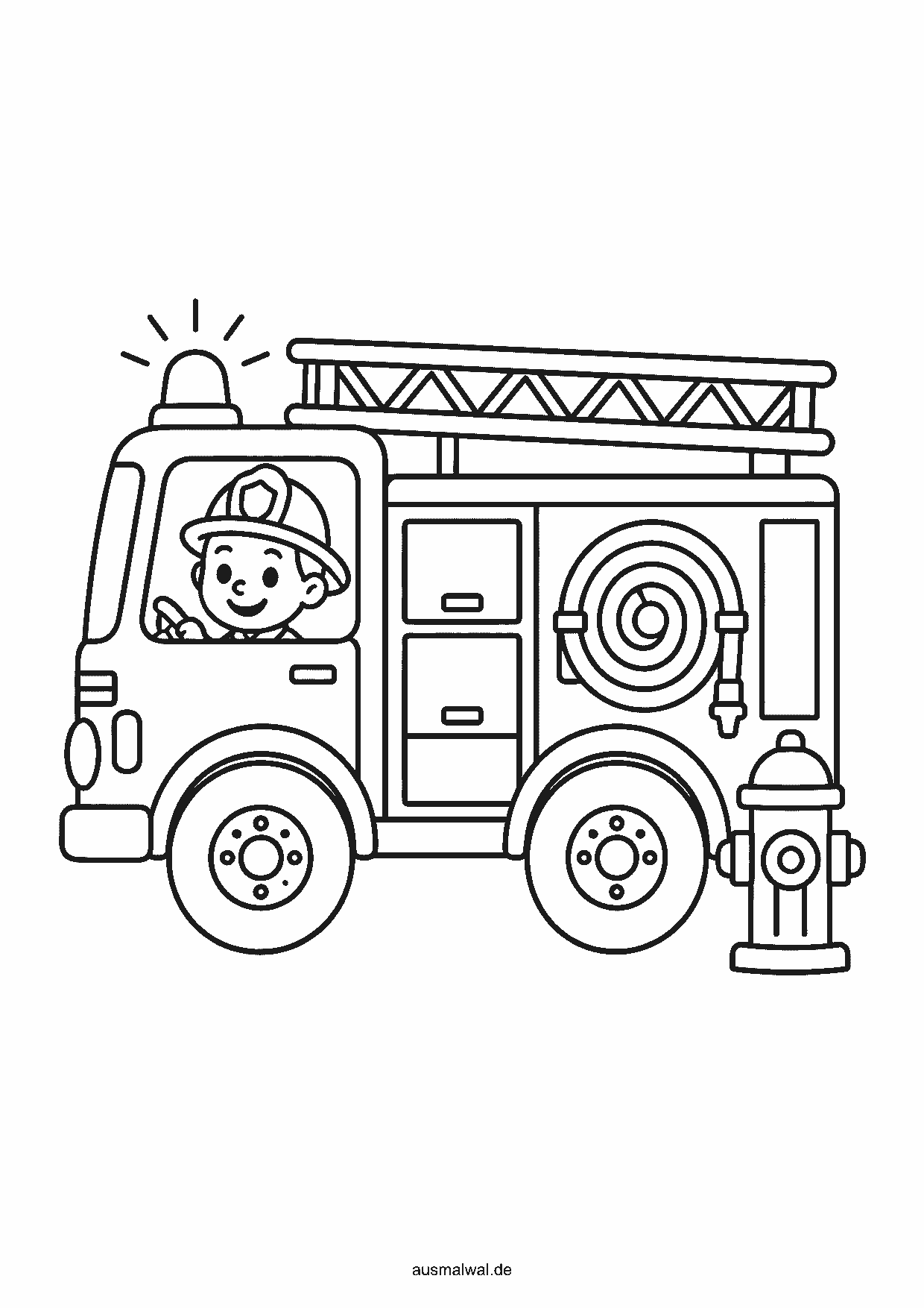 Ausmalbild: Feuerwehrauto mit Leiter und Schlauch