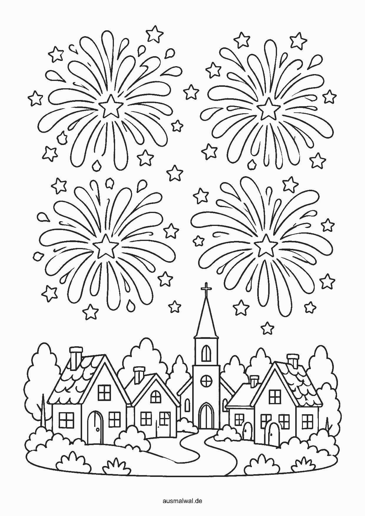 Ausmalbild: großes Feuerwerk mit runden Blüten und Sternen über Häusern mit spitzen Dächern und einem Kirchturm
