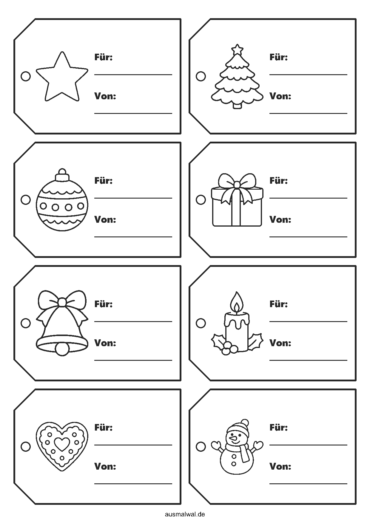 Ausmalbild: acht Geschenkanhänger mit Stern, Tanne, Kugel, Geschenk, Glocke, Kerze, Lebkuchenherz und Schneemann, je mit Zeilen für Für und Von