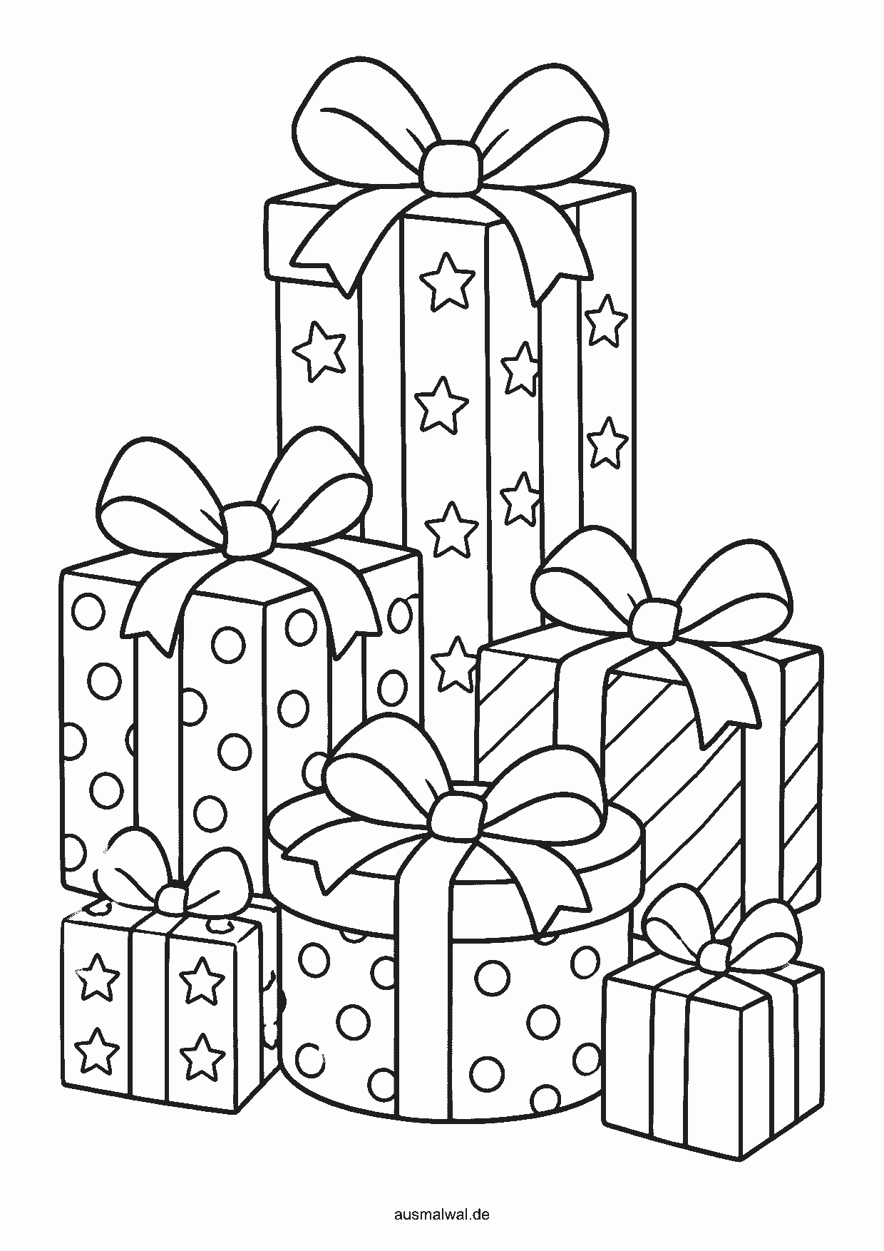 Ausmalbild: Stapel aus verschieden großen Geschenken mit Schleifen und Mustern