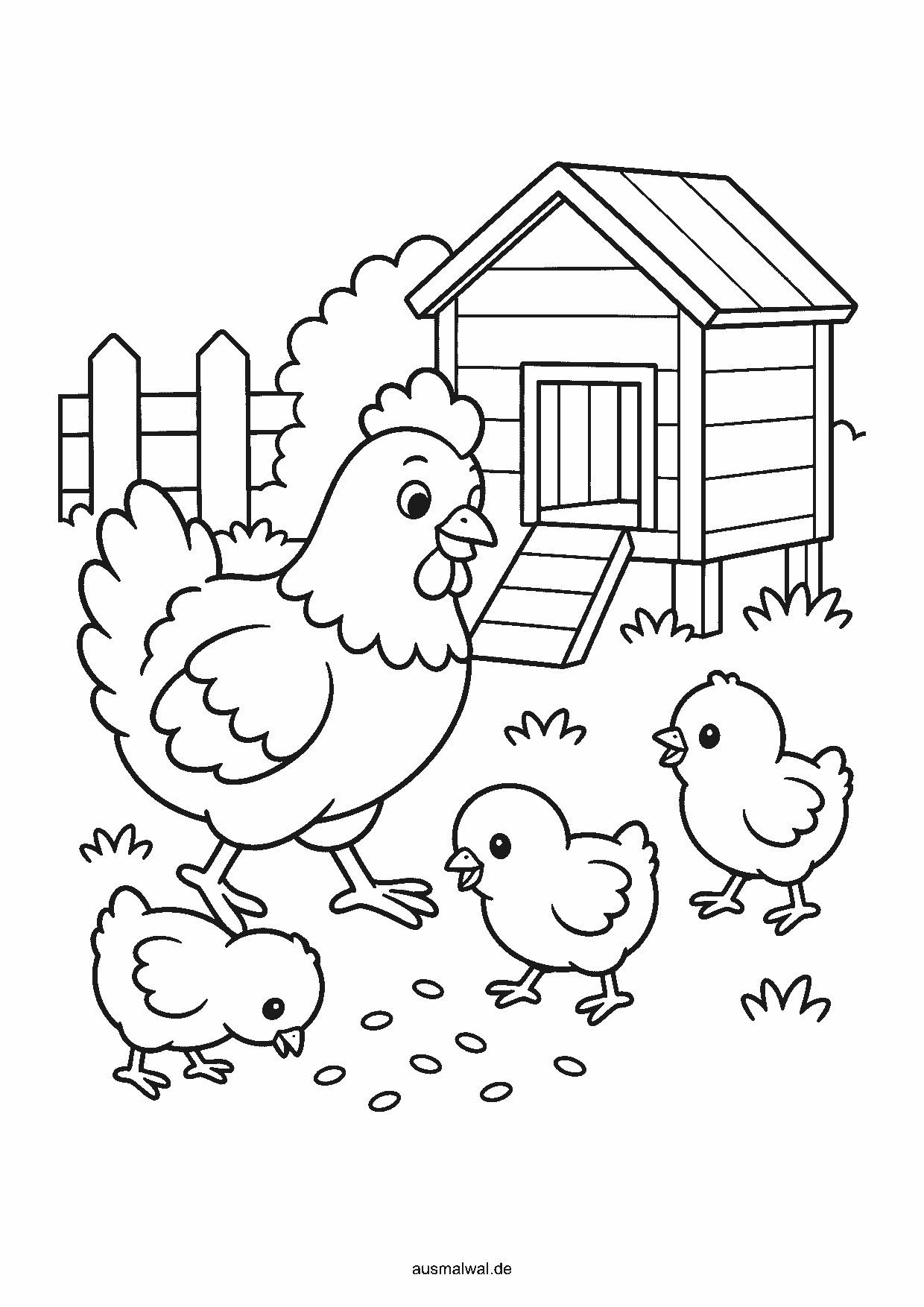 Ausmalbild: Huhn mit drei Küken vor einem kleinen Hühnerstall