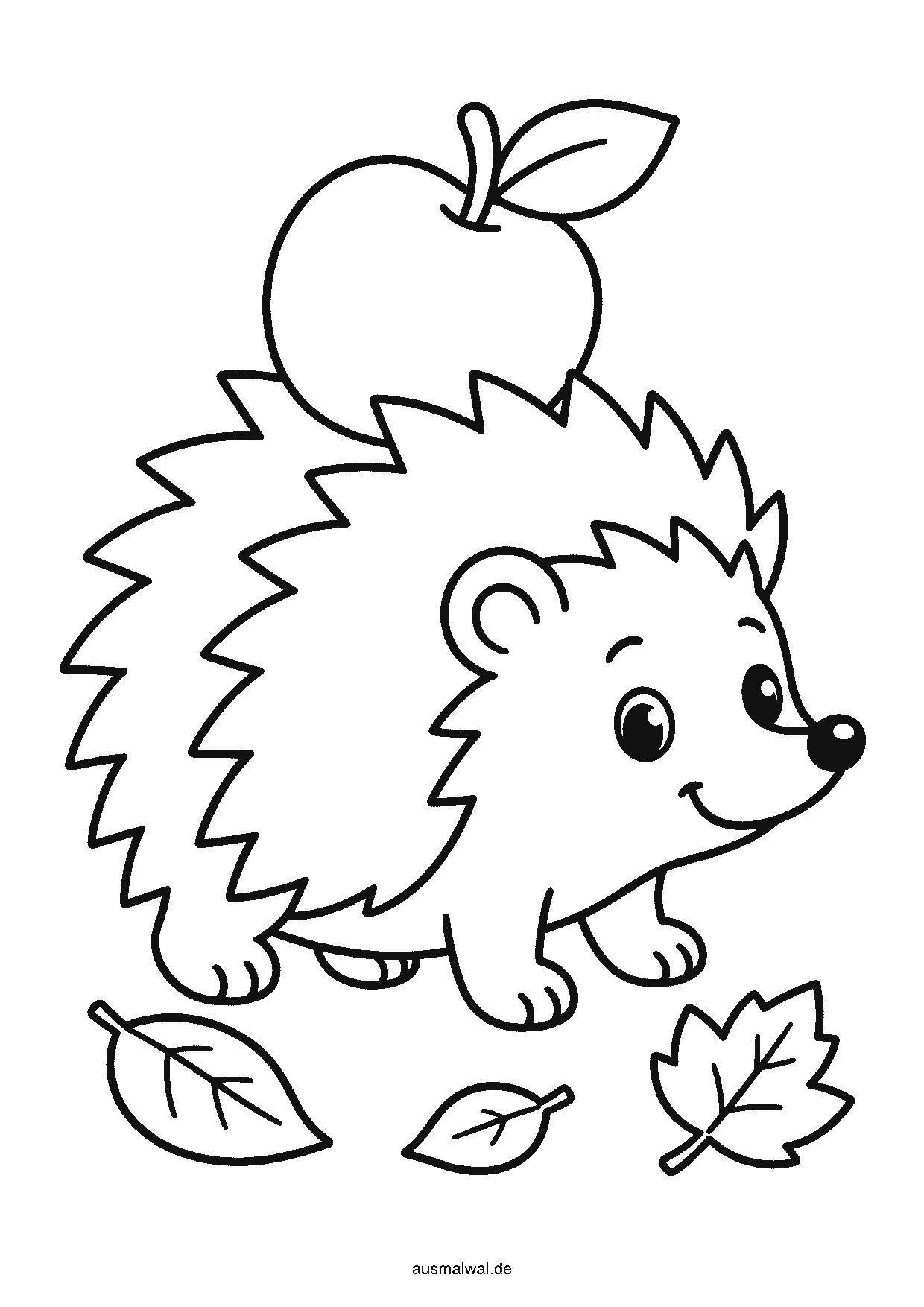 Ausmalbild: kleiner Igel trägt einen Apfel auf dem Rücken, um ihn herum Laub