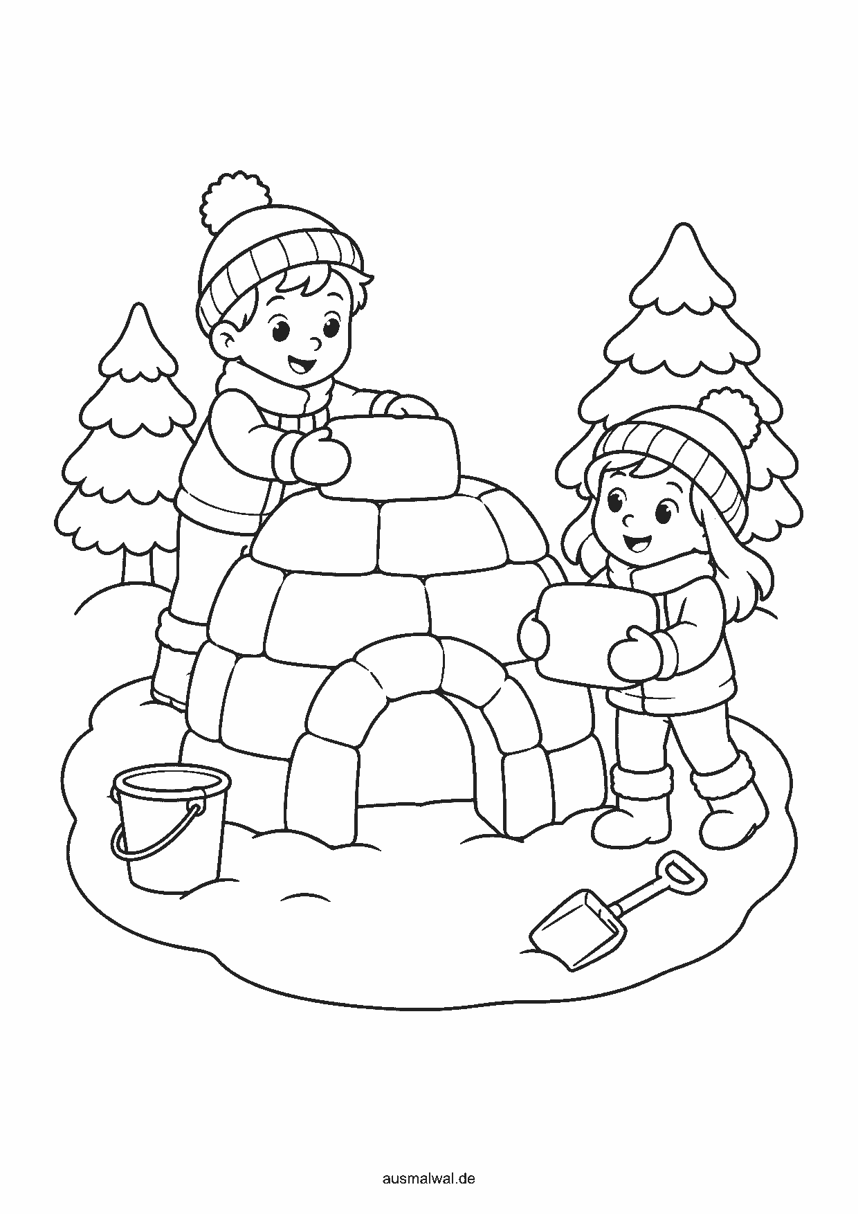 Ausmalbild: zwei Kinder bauen ein Iglu aus großen Schneeblöcken, daneben Eimer und Schaufel