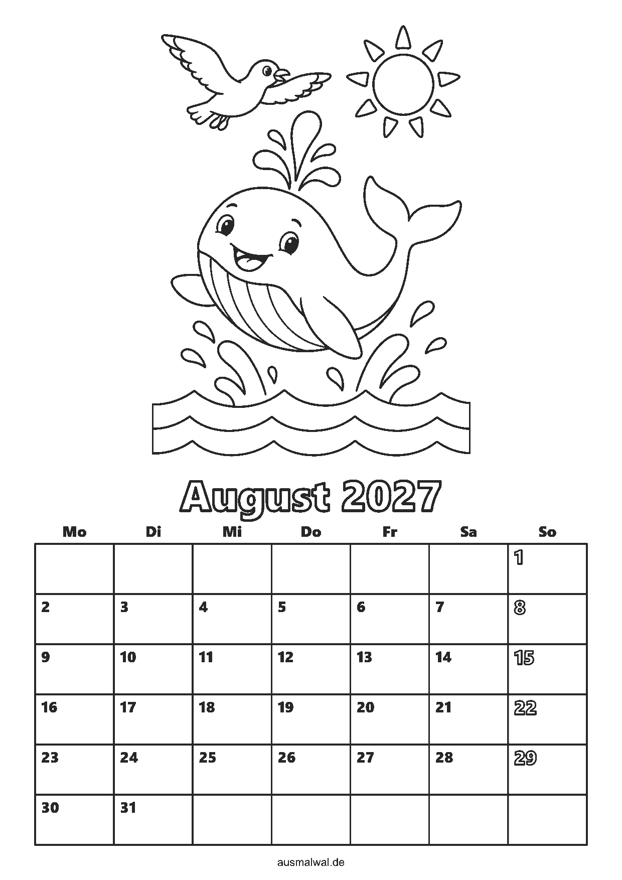 Ausmalbild: Kalenderblatt August 2027, oben ein fröhlicher Wal mit Wasserfontäne, unten das Monatsraster von Montag bis Sonntag
