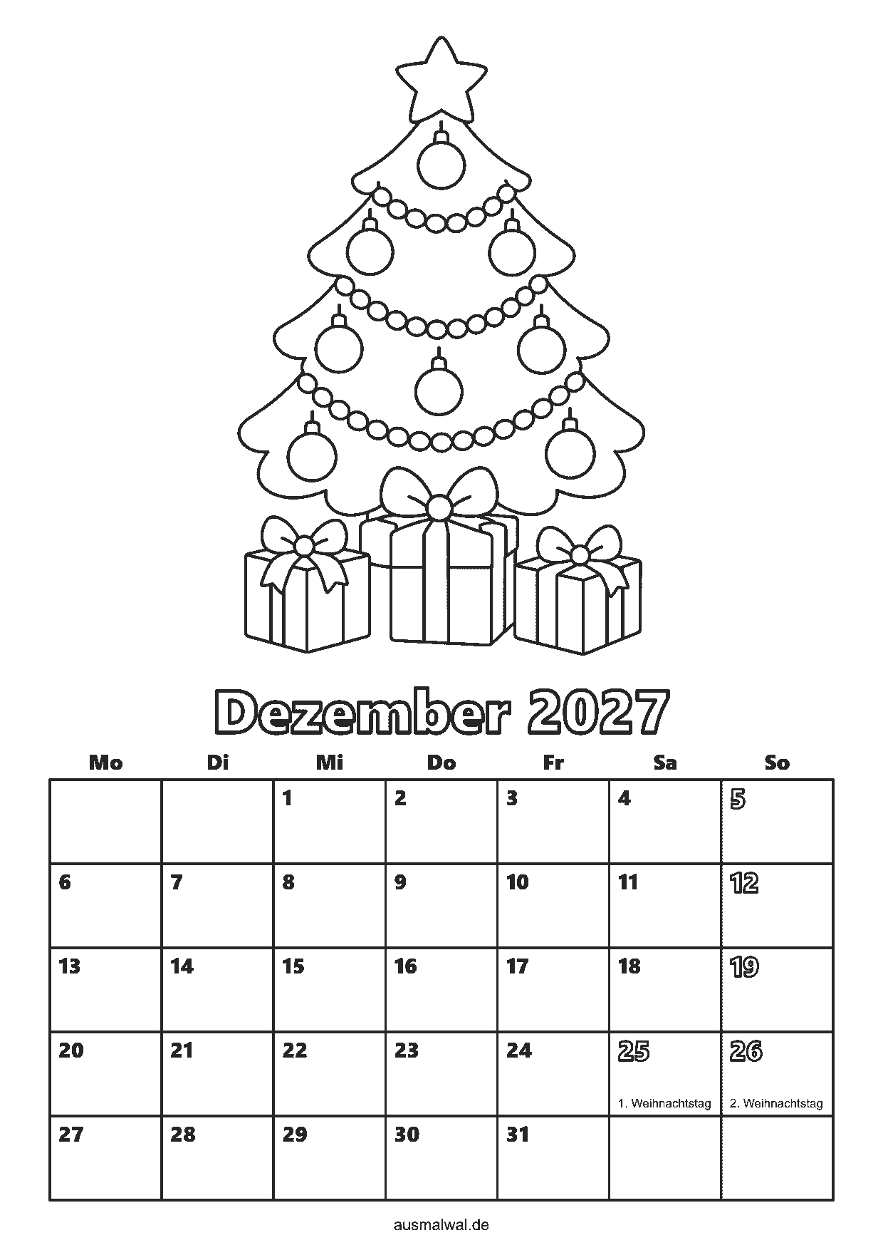 Ausmalbild: Kalenderblatt Dezember 2027, oben ein Weihnachtsbaum mit Geschenken, unten das Monatsraster von Montag bis Sonntag