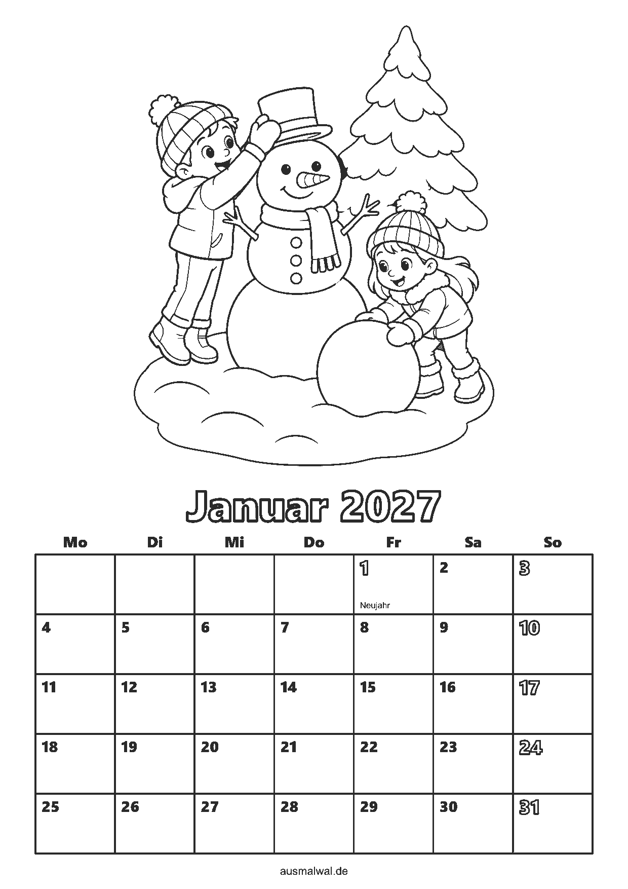 Ausmalbild: Kalenderblatt Januar 2027, oben Kinder bauen einen Schneemann, unten das Monatsraster von Montag bis Sonntag