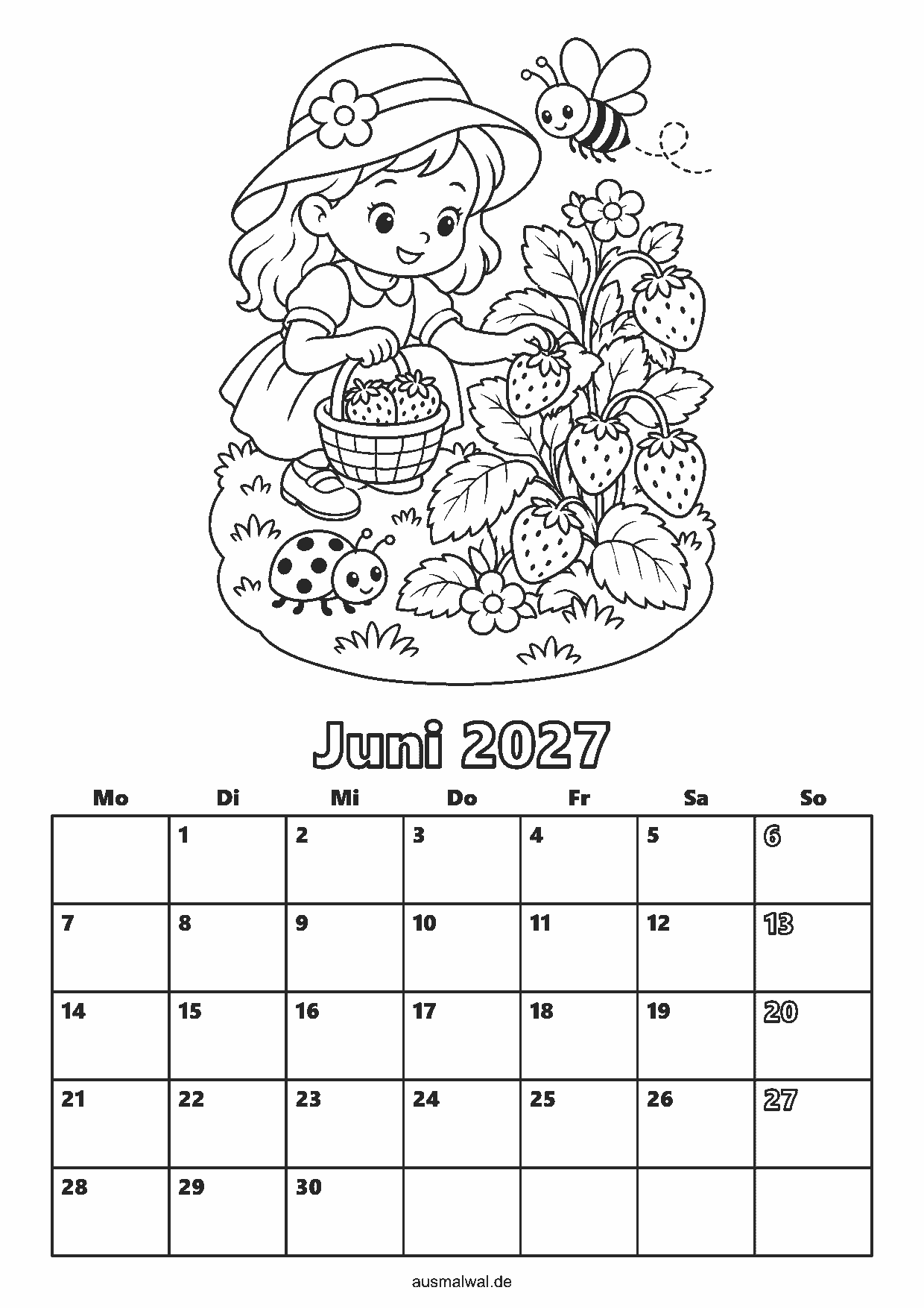 Ausmalbild: Kalenderblatt Juni 2027, oben ein Kind mit Sonnenhut pflückt Erdbeeren in ein Körbchen, dazu eine Biene und ein Marienkäfer, unten das Monatsraster von Montag bis Sonntag
