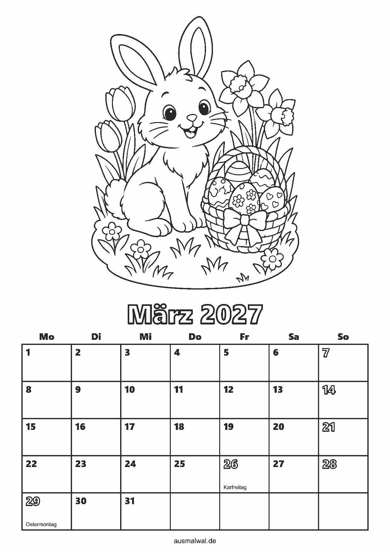 Ausmalbild: Kalenderblatt März 2027, oben ein Osterhase mit einem Korb voller bemalter Ostereier zwischen Tulpen und Osterglocken, unten das Monatsraster von Montag bis Sonntag