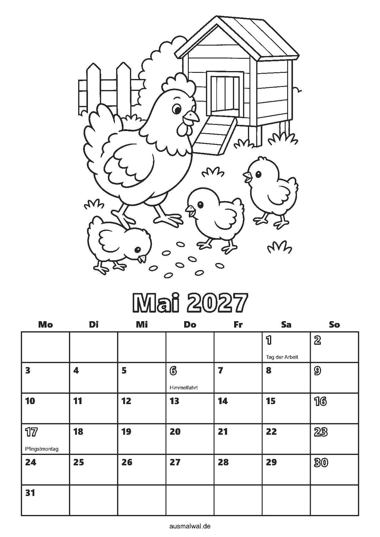 Ausmalbild: Kalenderblatt Mai 2027, oben ein Huhn mit Küken vor dem Hühnerstall, unten das Monatsraster von Montag bis Sonntag