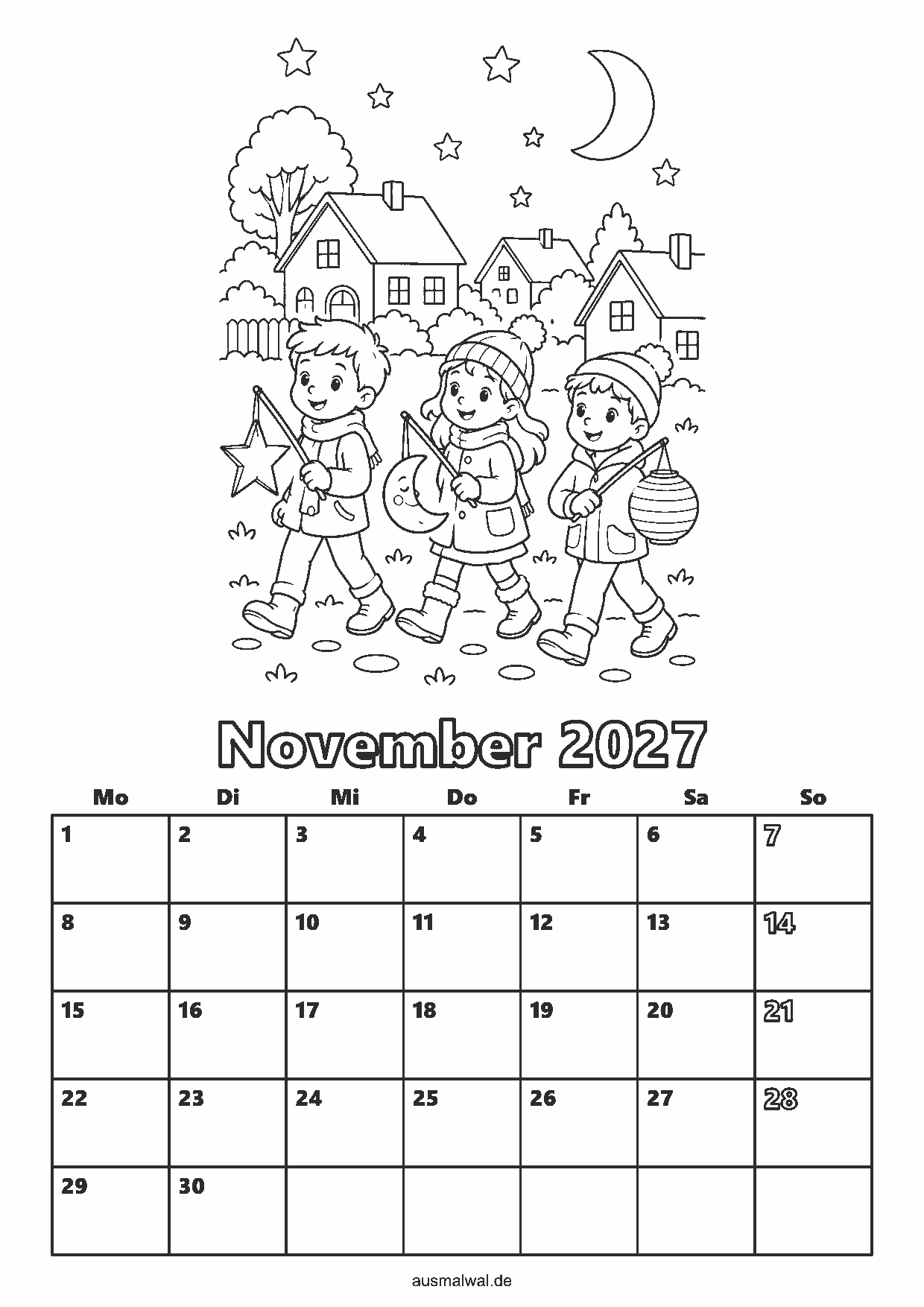 Ausmalbild: Kalenderblatt November 2027, oben ein Laternenumzug zu Sankt Martin, unten das Monatsraster von Montag bis Sonntag