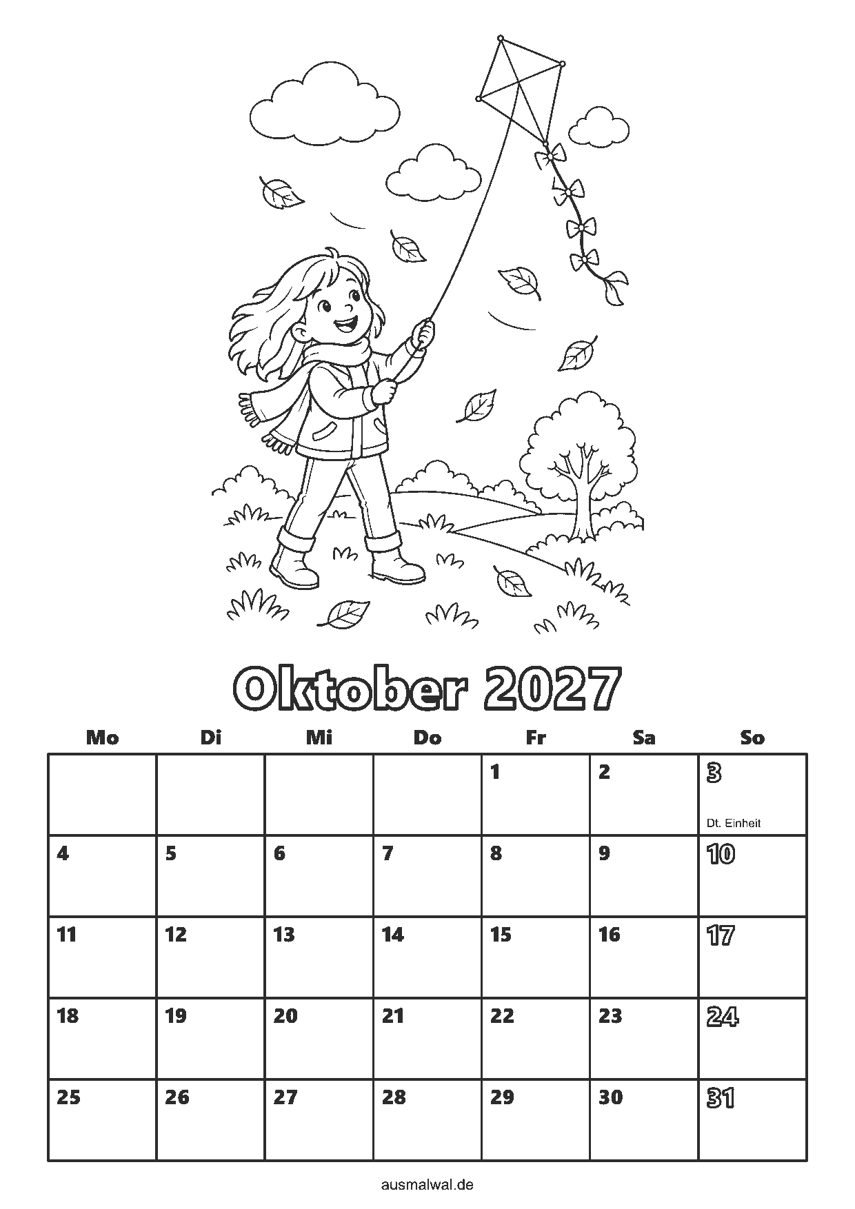 Ausmalbild: Kalenderblatt Oktober 2027, oben Drachen steigen im Herbstwind, unten das Monatsraster von Montag bis Sonntag