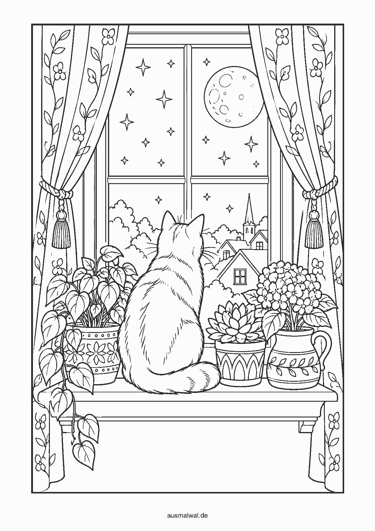Ausmalbild: Katze sitzt auf der Fensterbank zwischen Topfpflanzen, draußen Mond und Sterne
