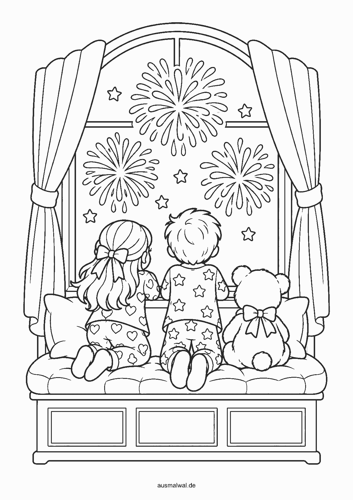 Ausmalbild: zwei Kinder im Schlafanzug knien am Fenster mit Kissen und Kuscheltier und schauen auf das Feuerwerk