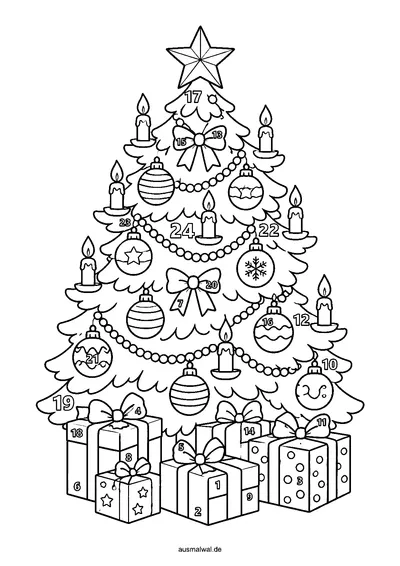 Ausmalbild: Adventskalender, großer Weihnachtsbaum mit Kugeln und Geschenken, 24 Felder mit Zahlen