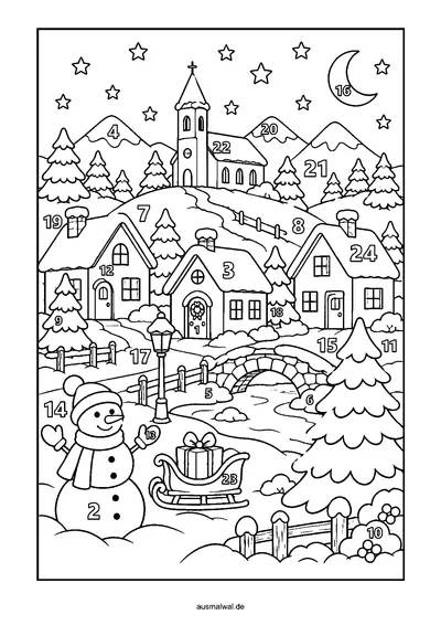 Ausmalbild: Adventskalender, verschneites Winterdorf mit Häusern, Kirche und Tannen, 24 Felder mit Zahlen