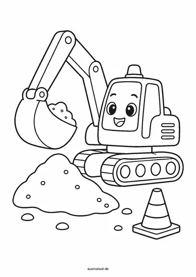 Ausmalbild: Bagger gräbt auf einer Baustelle, daneben ein Sandhaufen und ein Warnkegel