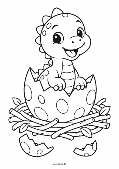 Ausmalbild: Dino-Baby schlüpft lachend aus einem Ei im Nest