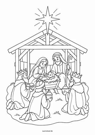 Ausmalbild: drei Könige knien mit ihren Geschenken vor dem Stall mit Maria, Josef und dem Jesuskind, über dem Dach der Stern