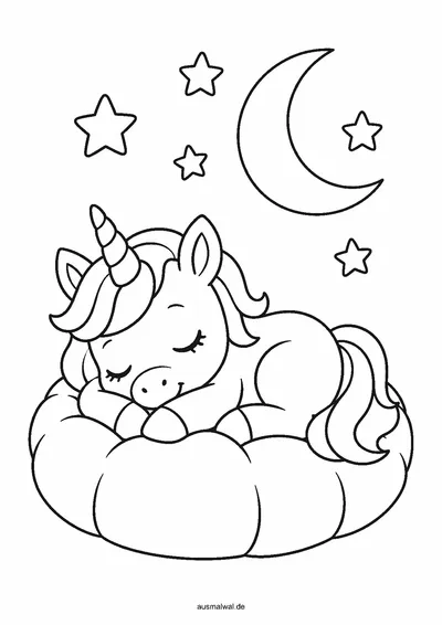 Ausmalbild: Einhorn-Baby schläft zusammengerollt auf einem Kissen, darüber Mond und Sterne