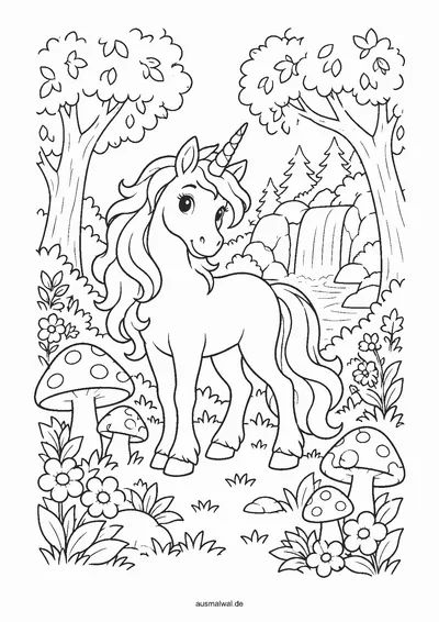 Ausmalbild: Einhorn im Zauberwald mit Pilzen, Blumen und einem kleinen Wasserfall