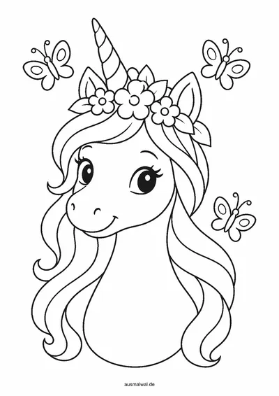 Ausmalbild: Einhorn mit Blumenkranz in der Mähne, Schmetterlinge fliegen