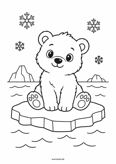 Ausmalbild: kleiner Eisbär sitzt auf einer Eisscholle im Meer, Schneeflocken fallen