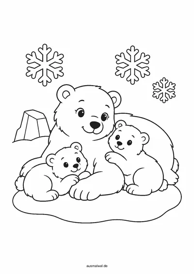 Ausmalbild: Eisbär-Mutter liegt im Schnee, zwei Eisbär-Babys kuscheln sich an sie