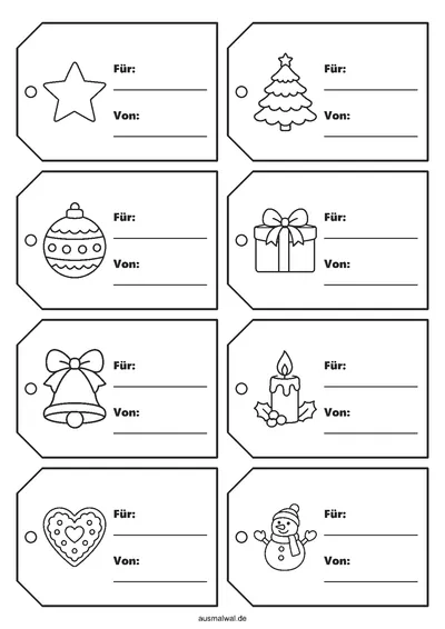 Ausmalbild: acht Geschenkanhänger mit Stern, Tanne, Kugel, Geschenk, Glocke, Kerze, Lebkuchenherz und Schneemann, je mit Zeilen für Für und Von