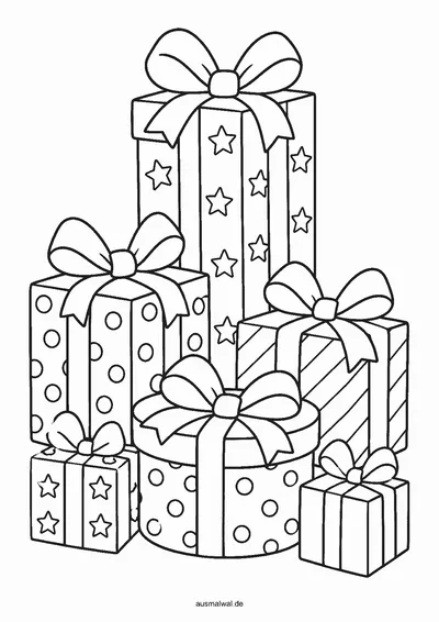 Ausmalbild: Stapel aus verschieden großen Geschenken mit Schleifen und Mustern