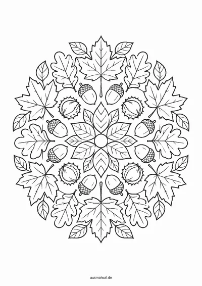 Ausmalbild: rundes Mandala aus Herbstblättern, Eicheln und Kastanien