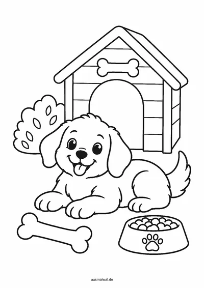 Ausmalbild: Hund liegt vor seiner Hundehütte, daneben Knochen und Napf