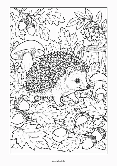 Ausmalbild: Igel läuft durch Herbstlaub zwischen Pilzen, Eicheln und Kastanien