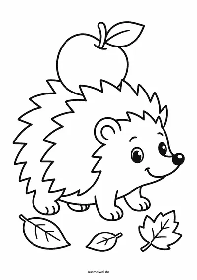 Ausmalbild: kleiner Igel trägt einen Apfel auf dem Rücken, um ihn herum Laub