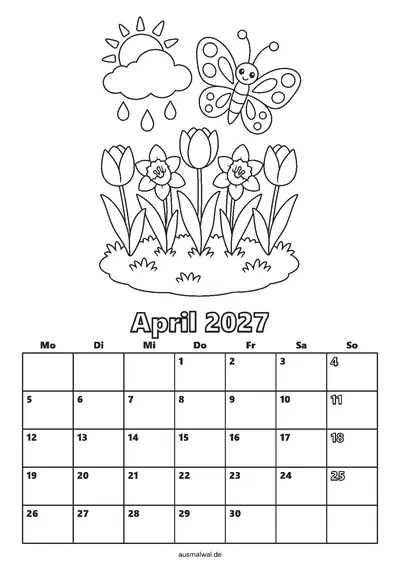 Ausmalbild: Kalenderblatt April 2027, oben Tulpen und Osterglocken, ein großer Schmetterling und eine kleine Wolke mit Regentropfen vor der Sonne, unten das Monatsraster von Montag bis Sonntag