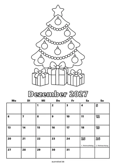 Ausmalbild: Kalenderblatt Dezember 2027, oben ein Weihnachtsbaum mit Geschenken, unten das Monatsraster von Montag bis Sonntag
