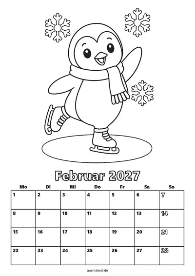 Ausmalbild: Kalenderblatt Februar 2027, oben ein Pinguin auf Schlittschuhen, unten das Monatsraster von Montag bis Sonntag