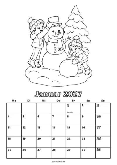 Ausmalbild: Kalenderblatt Januar 2027, oben Kinder bauen einen Schneemann, unten das Monatsraster von Montag bis Sonntag