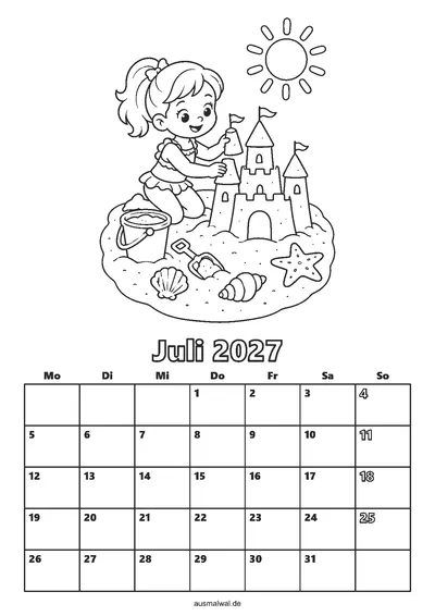 Ausmalbild: Kalenderblatt Juli 2027, oben ein Kind baut eine große Sandburg mit Türmen und Fähnchen, dazu Eimer, Schaufel, Muscheln, ein Seestern und die Sonne, unten das Monatsraster von Montag bis Sonntag