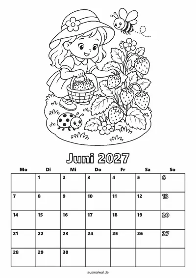 Ausmalbild: Kalenderblatt Juni 2027, oben ein Kind mit Sonnenhut pflückt Erdbeeren in ein Körbchen, dazu eine Biene und ein Marienkäfer, unten das Monatsraster von Montag bis Sonntag