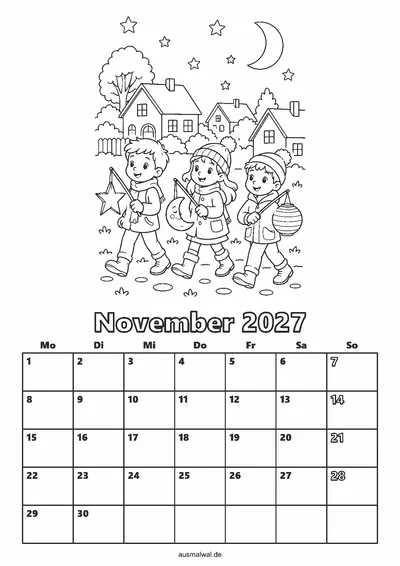 Ausmalbild: Kalenderblatt November 2027, oben ein Laternenumzug zu Sankt Martin, unten das Monatsraster von Montag bis Sonntag