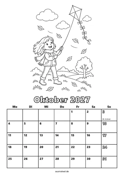 Ausmalbild: Kalenderblatt Oktober 2027, oben Drachen steigen im Herbstwind, unten das Monatsraster von Montag bis Sonntag