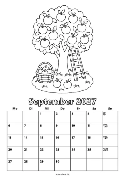 Ausmalbild: Kalenderblatt September 2027, oben ein Apfelbaum mit Leiter und Erntekorb, unten das Monatsraster von Montag bis Sonntag