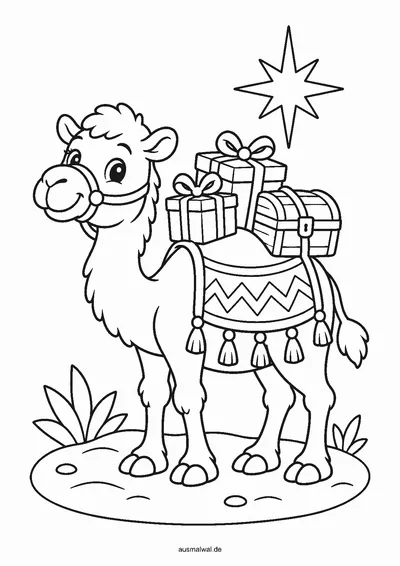Ausmalbild: freundliches Kamel mit Satteldecke, zwei Geschenken und einer Schatztruhe auf dem Rücken, darüber ein Stern